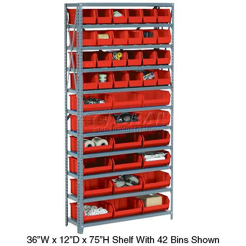 Nexel Global Industrial Steel Open Shelving with 8 Red Plastic Stacking